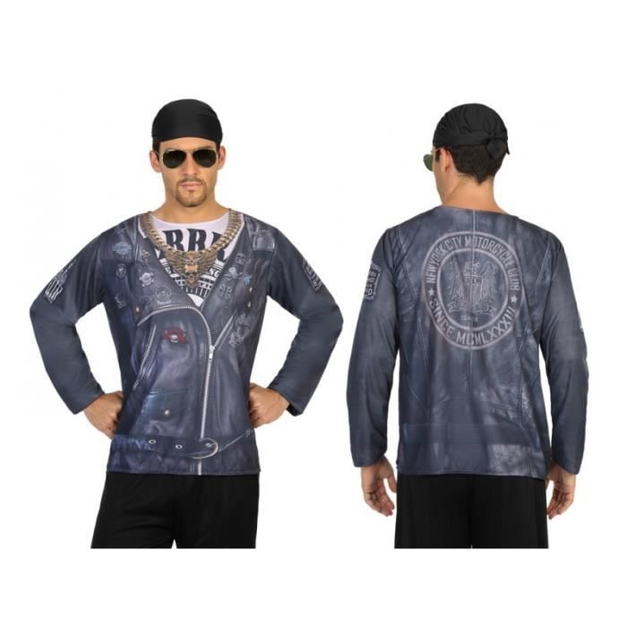 Tee Shirt Homme - ATOSA - Motard - Bleu - Taille M/L - Effet Blouson en cuir de motard et grosse chaine en or