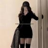 V-Neck Black Knit Plus Velvet Dress - Urban Style Hip-Hugging Autumn/Winter Skirt for Women