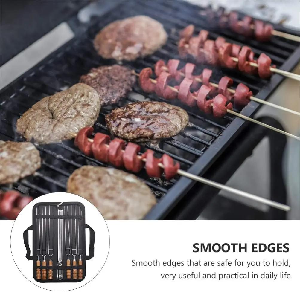 Stainless Steel BBQ Skewers Set with Wooden Handle Double Prong Outdoor Grilling Tools for Camping Picnic
