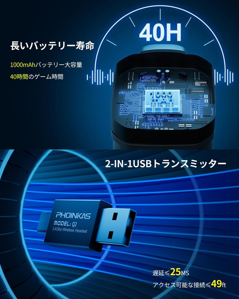 YOTMS Kabelloses Gaming-Headset mit Latenz 50mm 3D RGB 40 Stunden Kontinuierlich Kompatibel mit und Kabelgebunden und Kabellos [Authentisch] Mikrofon,