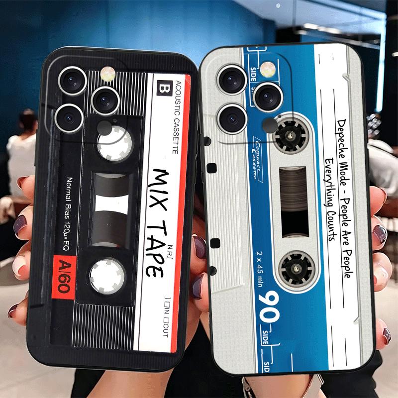 Vintage 90S Cassette Tape Pattern Soft Phone Case for iPhone 16 16E 17 Air 15 Pro Max 14 Plus 13 Mini 11 12 7 Black Cover Back S