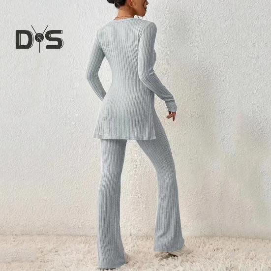 Women Two Pieces Suit Winter Autumn Knitted Long Sleeve Ribbed Slit Top High Waist Flared Trousers Set Fashion Outfit