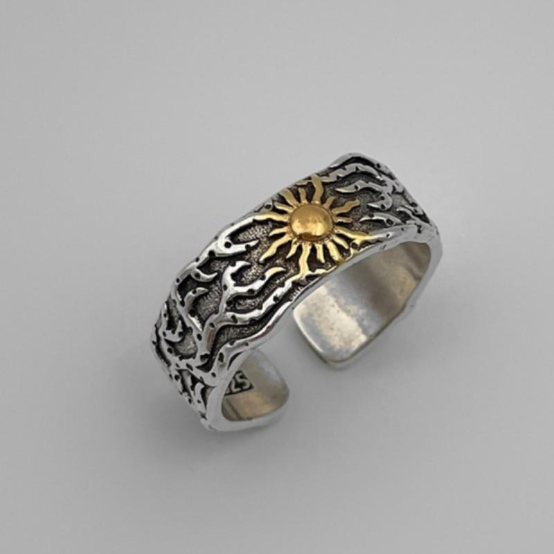 Unisex Adjustable Sun Motif Ring In Plated Geometric Design Retro Vintage Style Statement Jewelry