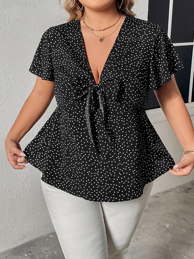 Summer Casual Plus Size Loose V Neck Tops Women Elegant Chic Natural Polka Dot Short Sleeve Top Female Vintage Design Bowknot Flounce Blouse Lady