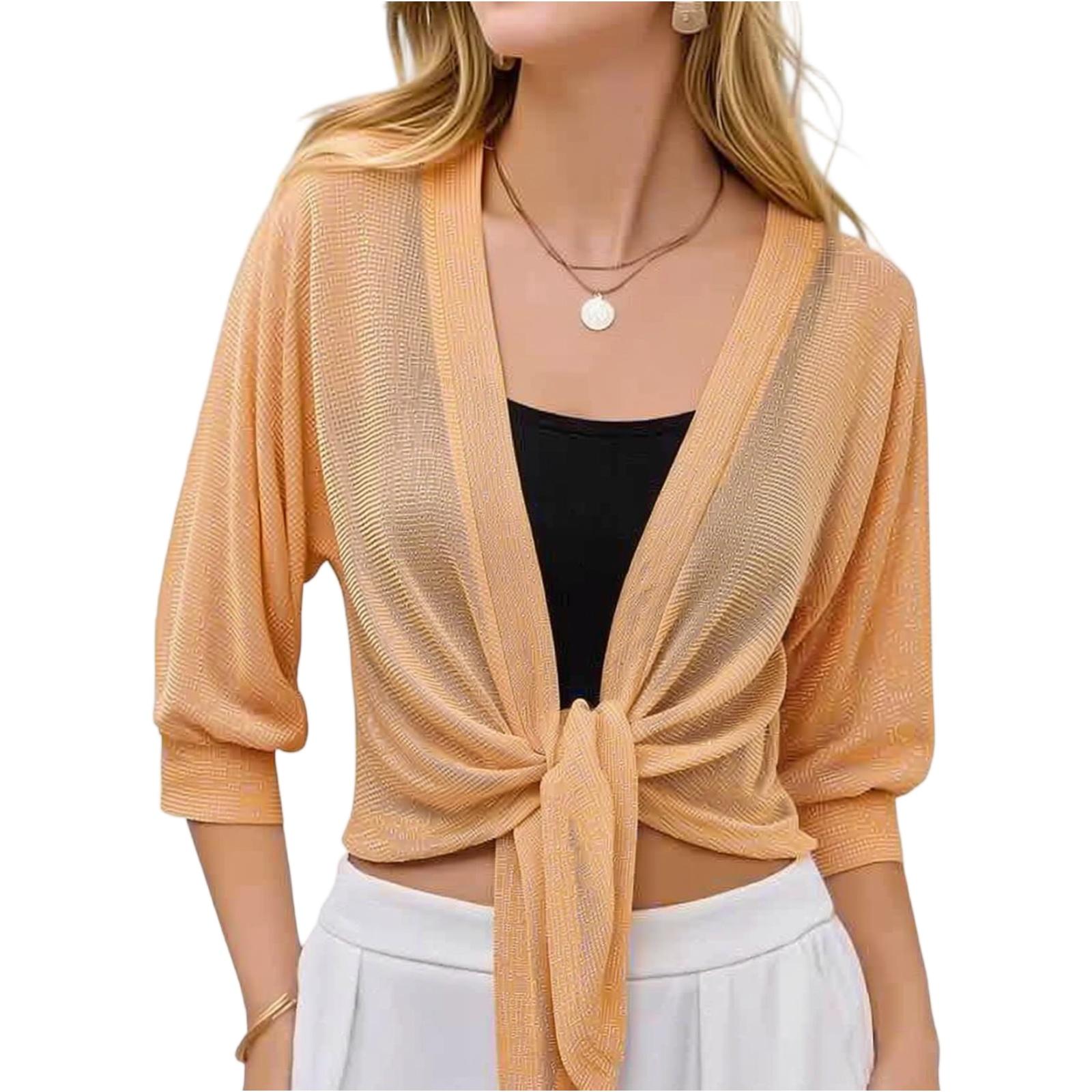Master key Dames Sheer Mesh Open Voorkant Strik Taille Cropped Vest Driekwart Mouw Lichtgewicht Gebreide Top L
