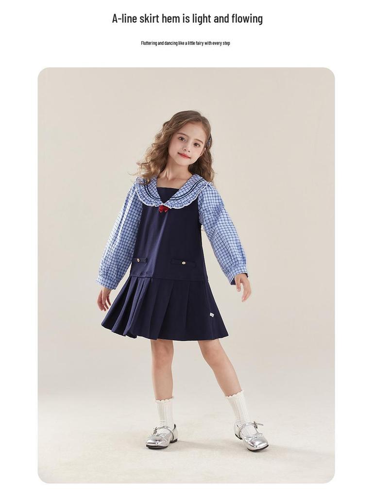Girls' Striped Sailor Collar Dress with Skirt - Spring 2026 Collection