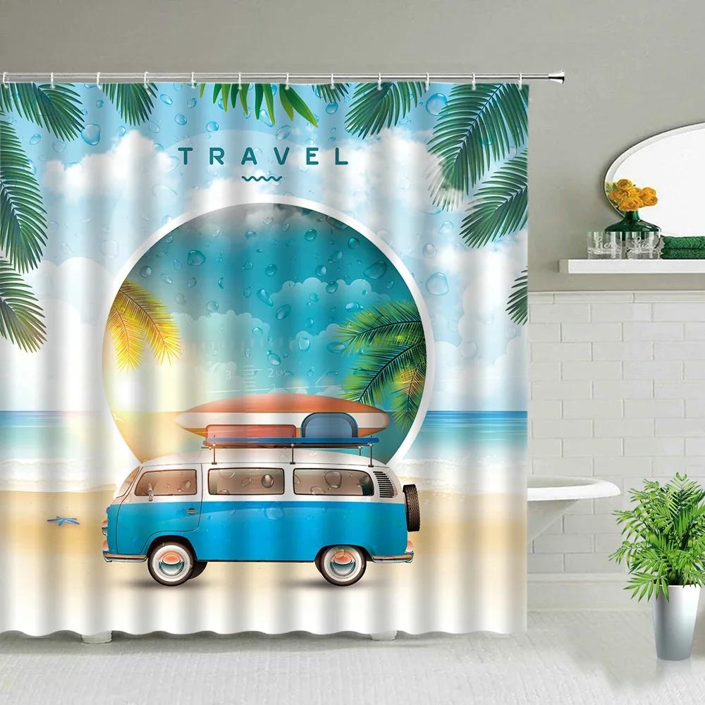 Vintage Letnie Wakacje Retro Bus Camper Van Zasłony Prysznicowe Deska Surfingowa Palma Łazienka Wystrój Domu Zasłona do Wanny z Haczykami