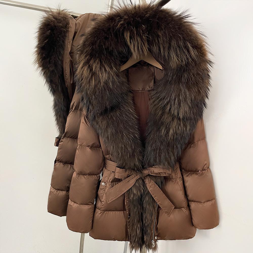 Winter lace-up hooded loose thickened coat women's retro versatile temperament real fox fur collar duck down jacket