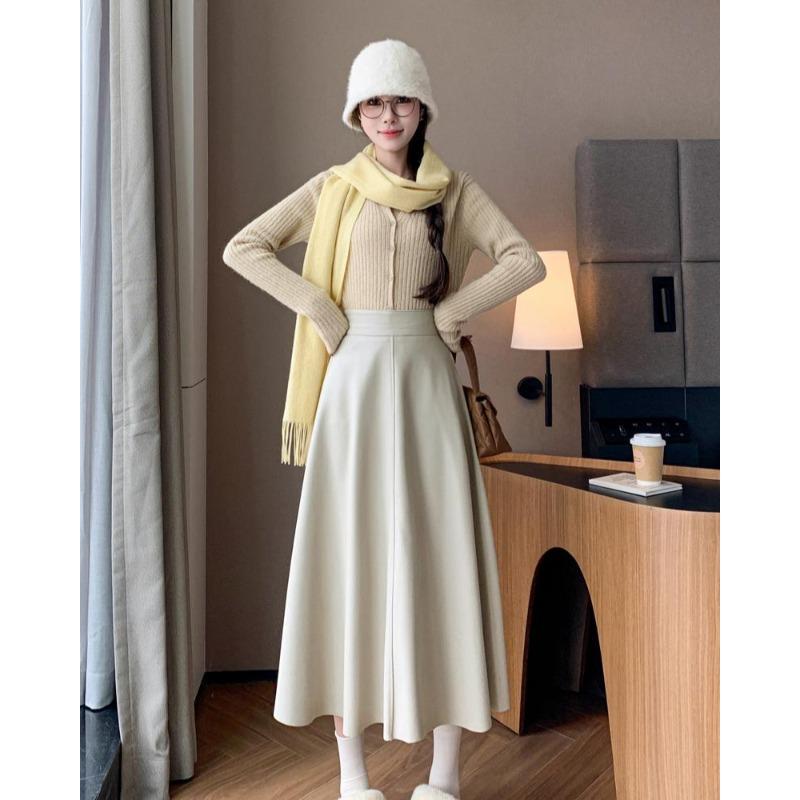 Fashionable A-line Skirt for Women Leather Skirts High Waist Knee-length Skirt