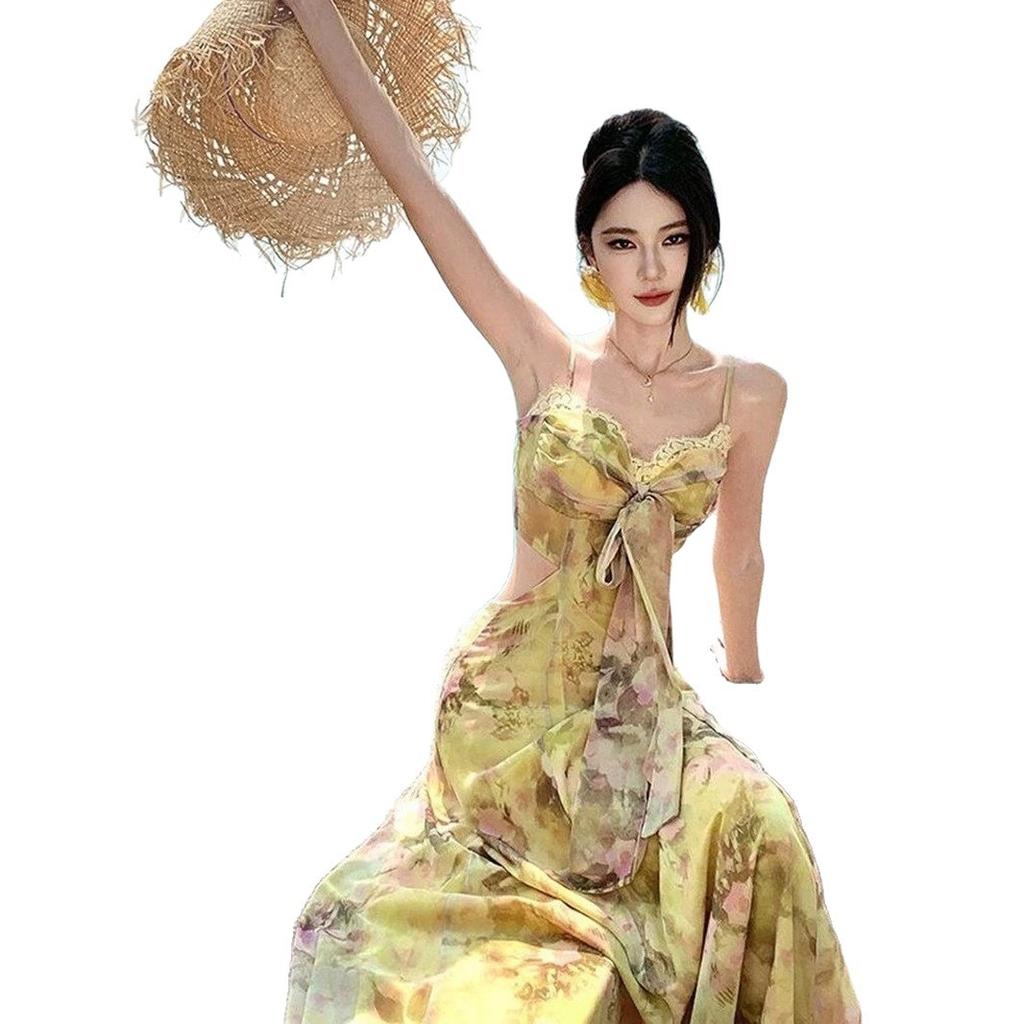 Beautiful seaside vacation style yellow floral suspender dress women's waist long dress temperament Hainan Sanya beach dress