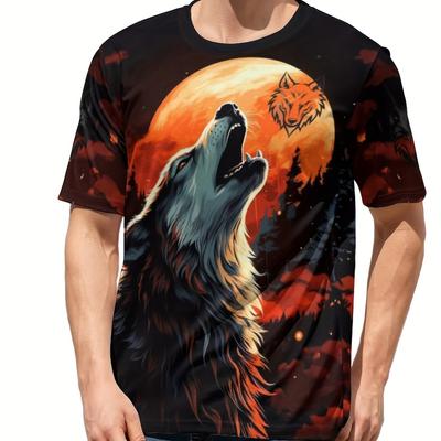 Men's Wolf & Red Moon Graphic T-shirt, Active Slightly Stretch Breathable 3D Print Tee For Outdoor