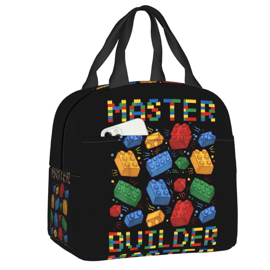Custom Brick Builder Blocks Master Builder Insulated Lunch Tote Bag for Women Resuable Cooler Thermal Food Lunch Box Children