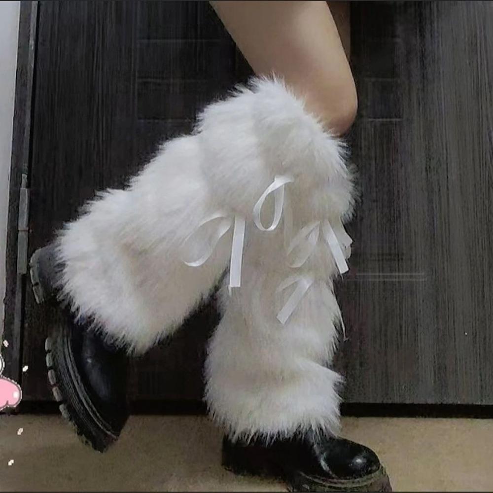 Couvre-jambes d'hiver épais et chauds en peluche pour femmes avec nœud papillon, leggings en fourrure et chaussettes montantes pour bottes de neige