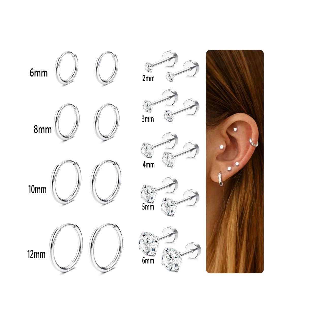

9 пар сережок для хряща Маленькі цвяшки для жінок Нержавіюча сталь Маленькі кільця-хуггі Набори для множинних проколів