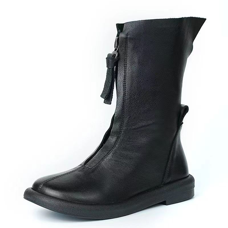 New Retro Pu Leather Ingle Boots Long Boots Female Ankle Boots Soft Bottom Leather Boots Flat Autumn And Winter Boots