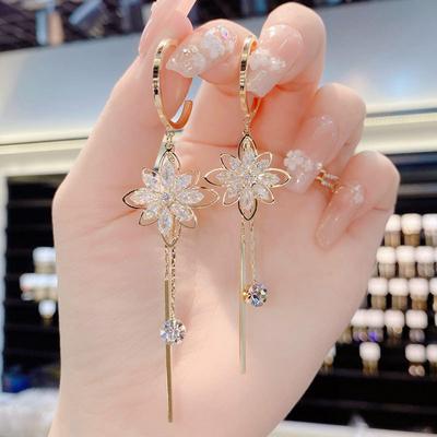 Luxury Crystal Flower Tassel Drop Earrings for Women Shiny Zircon Opal Long Dangle Earrings Girls Wedding Party Jewelry Gift