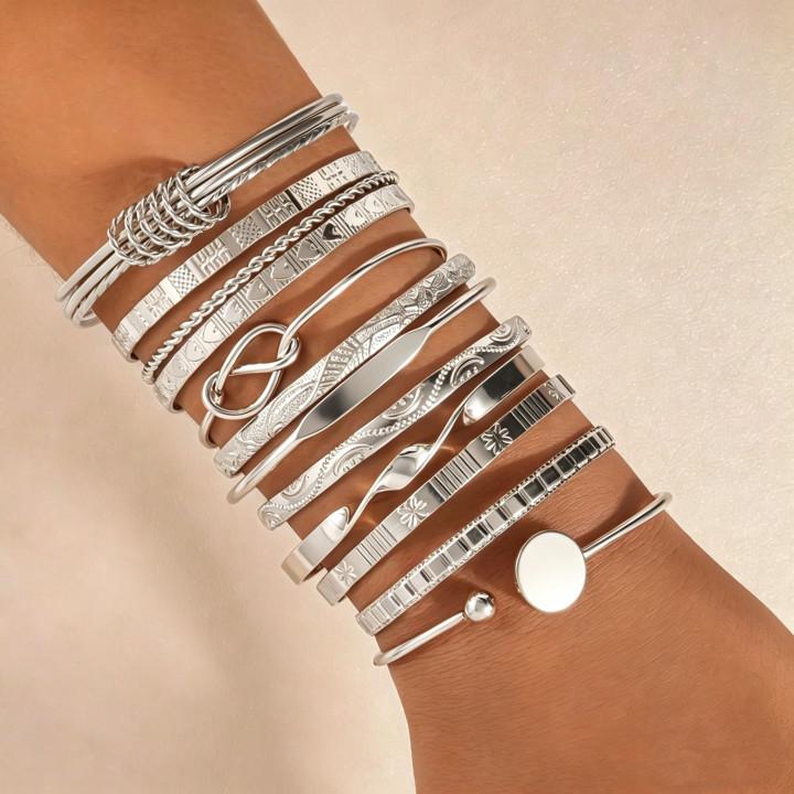 Women's Geometric Pattern Metal Bracelet Set - 12 Pieces, Ancient Craftsmanship, Summer Collection.