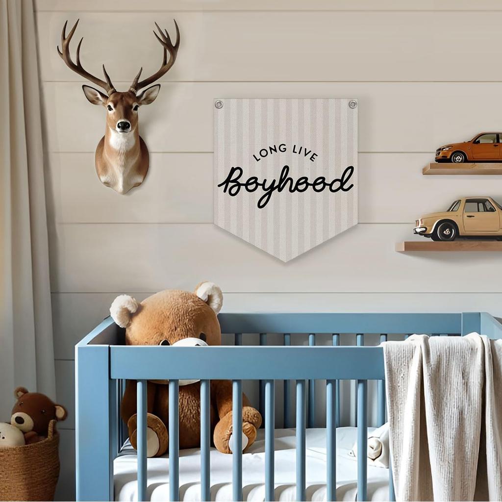 Lacama Long Live Boyhood Linen Banner,Vintage Boy Room Toddler Decor,Boy Bedroom Wall Hanging Banner Pennant Flag Decor for Nursery Playroom,12.4x14