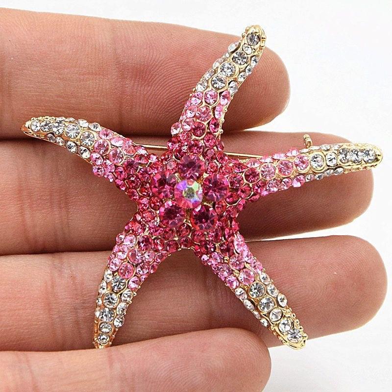 Korean Marine Life Brooch: Starfish & Shell Pin with Metal, Diamond, & Pearl Accents