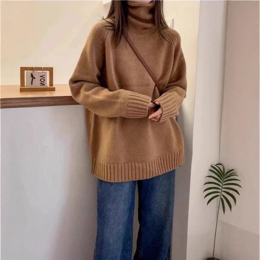 Autumn and Winter New Turtleneck Sweater Women's Loose Thick Curling Heap Collar Lazy Soft Waxy Knitted Sweater Top