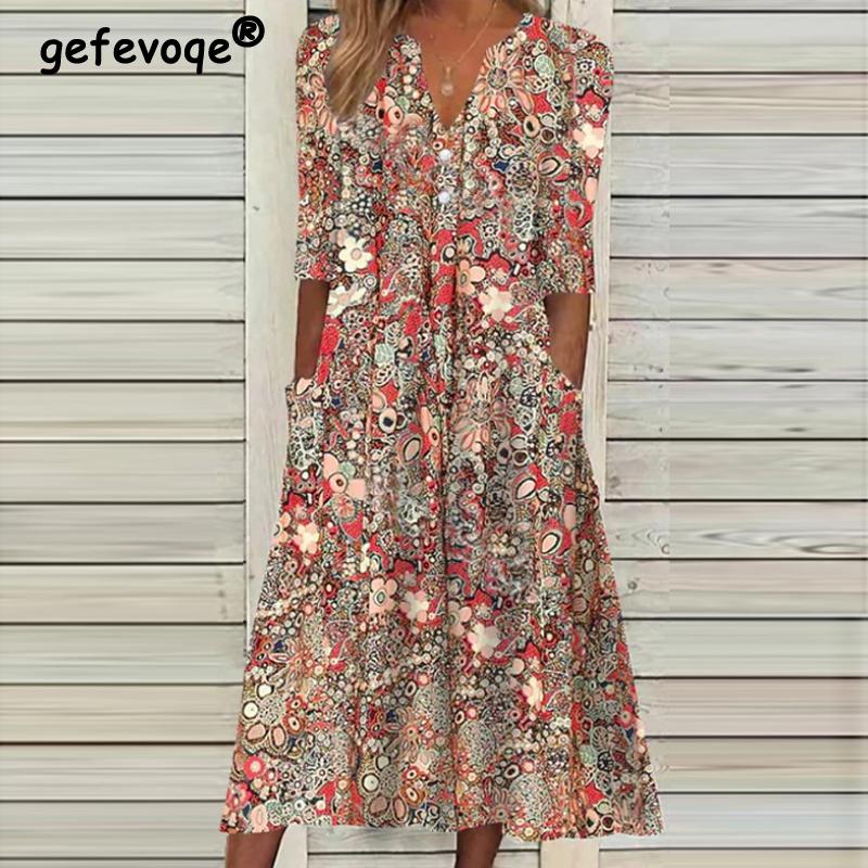 Summer Fashion Vintage Floral Print Boho Party Dresses for Women Vacation V-Neck Short Sleeve Pockets Beach Midi Dress Robe