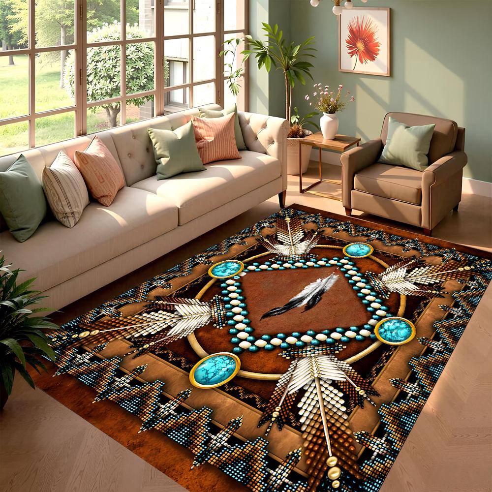 Native American Feather Style Rug Non Slip Soft Easy To Clean Fits Living Room Home Adds Ethnic Mystical Vibe To Cozy Space