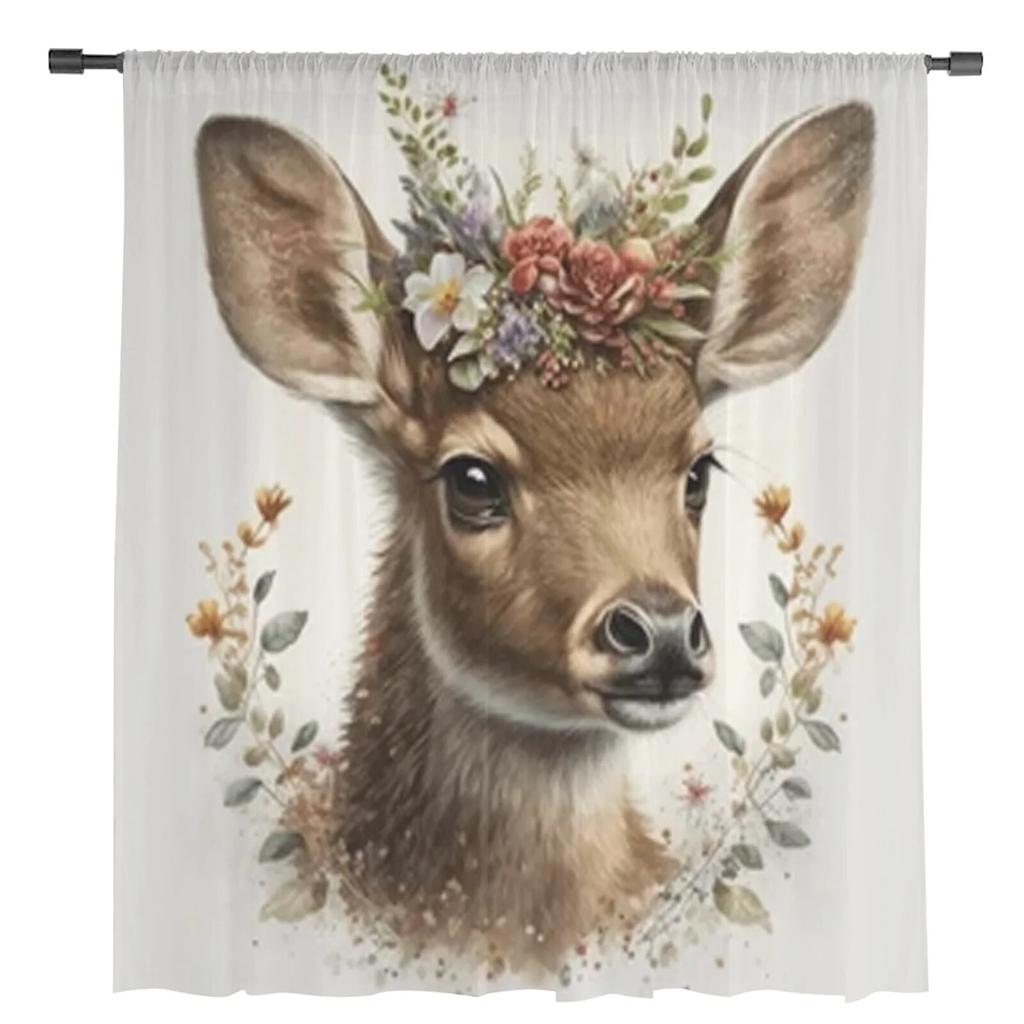 Akwarelowy Jeleń w Bukiecie Kwiatowym Przezroczyste Zasłony do Sypialni Woalowa Zasłona do Salonu Okno Przezroczyste Zasłony Kuchenne Tiulowe Draperie