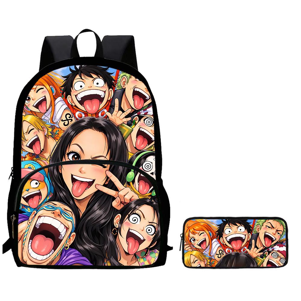 Cartoon ONE PIECE 2Pcs Set Mochila Lightweight Large Capacity Front Pocket School Backpack with Pencil Case for Boys Girls Trip