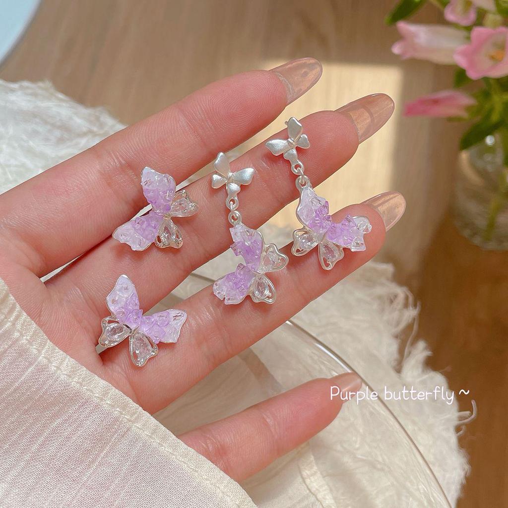 Purple Gradient Crystal Butterfly Earrings - High-End Silver Needle Design for Women