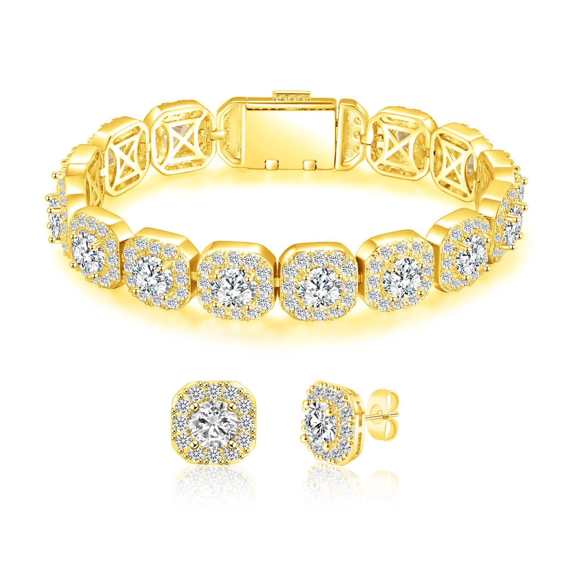 

A exquisite 12mm copper inlaid rock sugar bracelet + stud earring set fashionable heavy industry design, popular 7.0inch