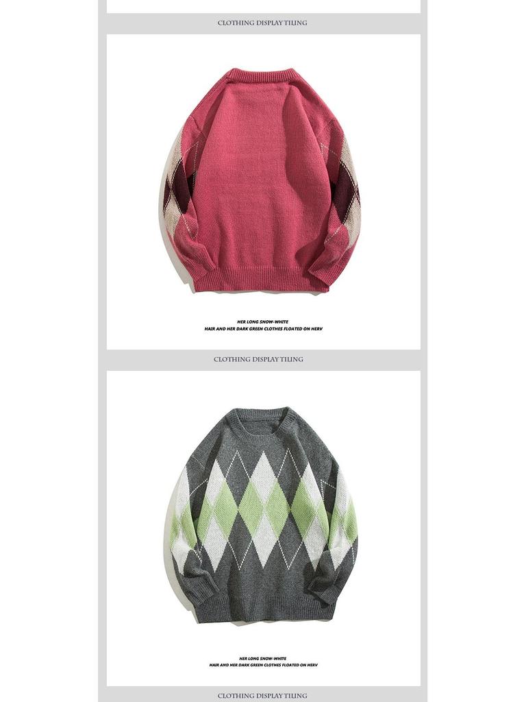 Retro American Color Block Diamond Pattern Men's Knit Sweater - Versatile Youthful Woolen Outerwear