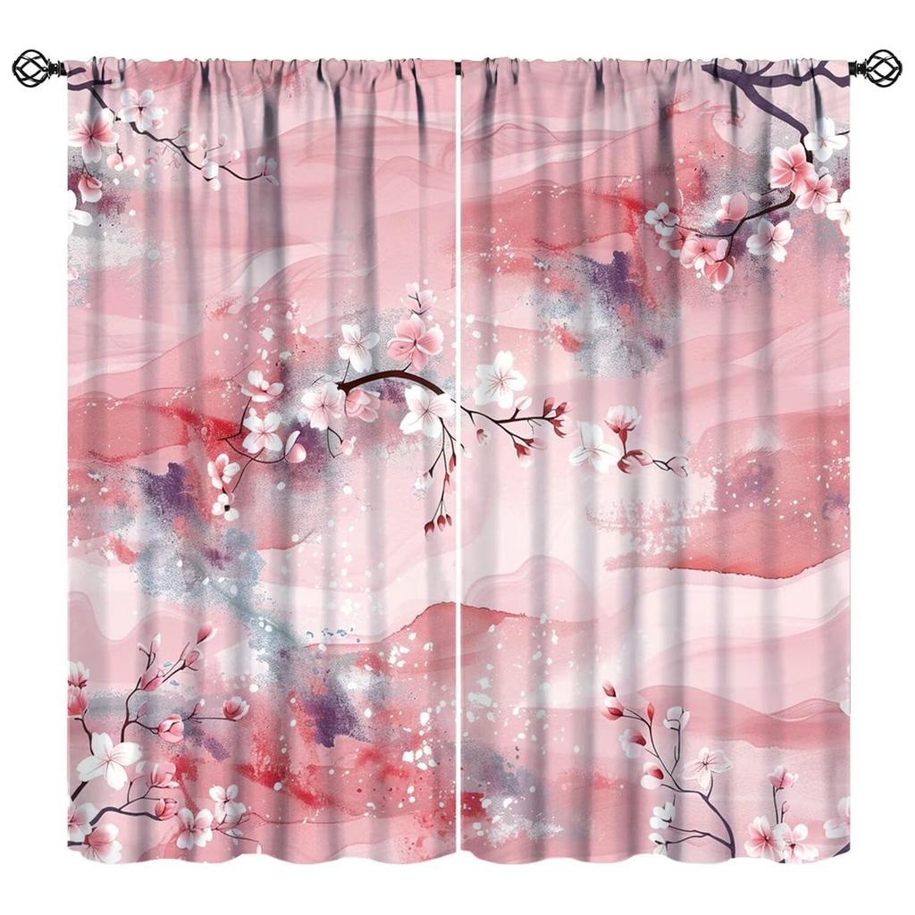 Floral Curtain Spring Romantic Pink Cherry Blossom Print Curtains Girls Women Bedroom Living Room Kitchen Decor With Light Blocking Polyester Perfect