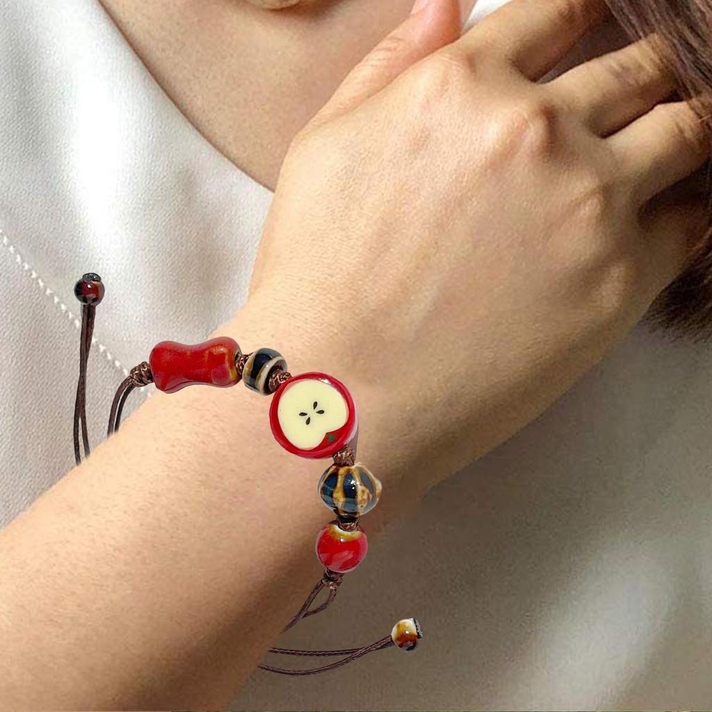 Artistic Ceramic Bracelet Apple Charm Bracelet Handwoven Cord Bracelet Present for Youthful Trendsetters and Art Lovers