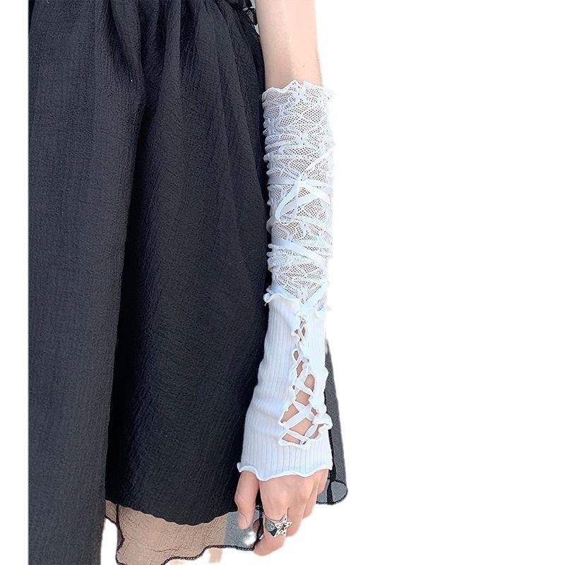 Y2K Ballet Style White Mesh Lace Fingerless Sun Protection Gloves with Tie-Up Sleeves
