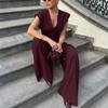 Women Striped Sleeveless V Neck Wide Leg Pants Set Elegant Button Up Top with Pants