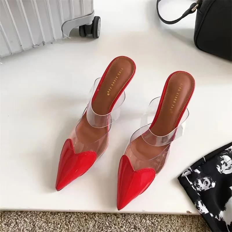 Fashion Elegant Pointed Toe Transparent PVC Heart High Heels Mules Slipper Shoes Women Black White Red Shoes Luxury Designer Pumps