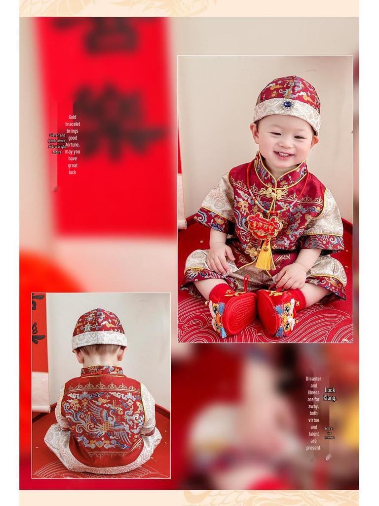 Summer Baby Boy Birthday Tang Suit with Crown for Zhou Ceremony