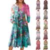 Damen V-Ausschnitt Fließendes Bohemian Langarm Blumenprint Kleid