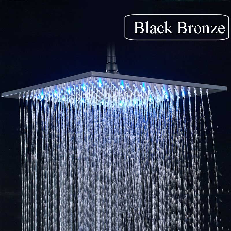 Matte Black Rain Shower Head LED Changing 16" Square Brass Shower Head Faucet Bathroom Accessory Top Over-head Shower Sprayer