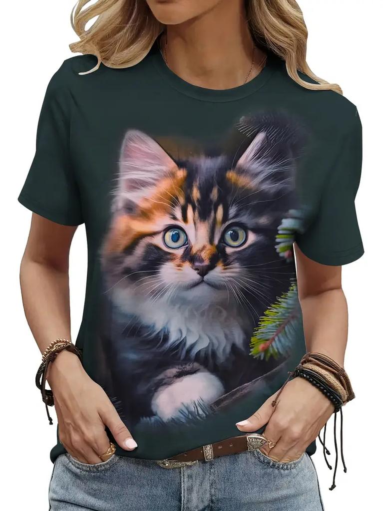 Cute Cartoon Cat Pattern T Shirt for Women Funny Animal 3D Printed Short Sleeves Tees Summer Plus Size T-Shirts O-Neck Kids Tops