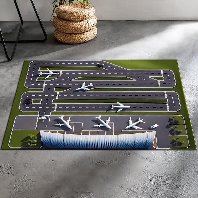 Flughafen Landebahn Szene Teppich Flugzeug Spielmatte Heimdekoration Rutschfest Weiche Bodenmatte Kinder Wohnzimmer Terminal Straßendesign