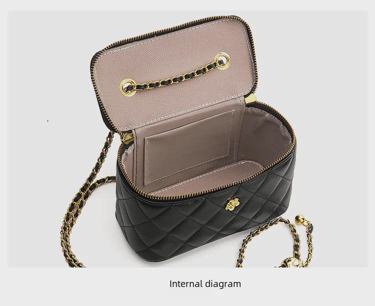 Genuine Leather Camellia Lightweight Diamond Chain Shoulder Bag - Mini Cosmetic Box Style