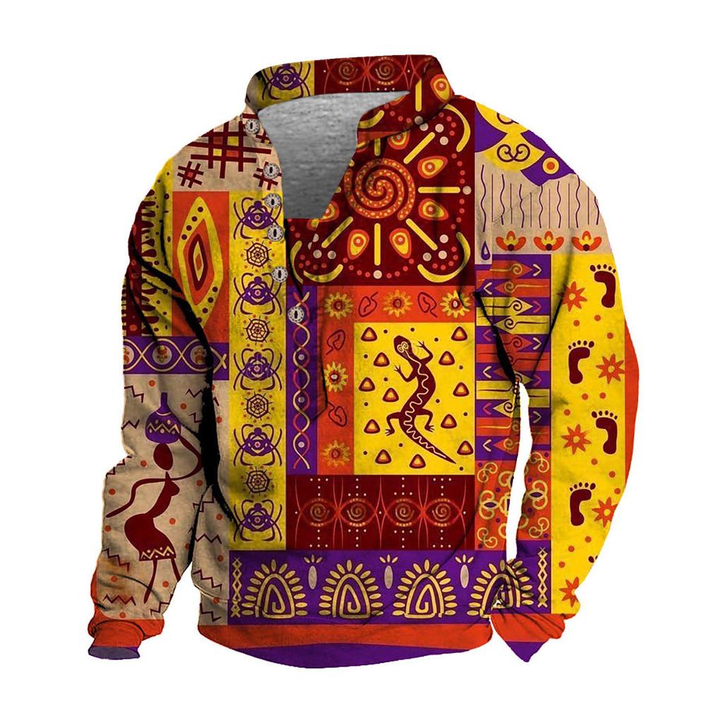 Pullover mit V-Ausschnitt für Herren, 3D-Digitaldruck, Stehkragen, 6 Knöpfe, Vintage-Kragen