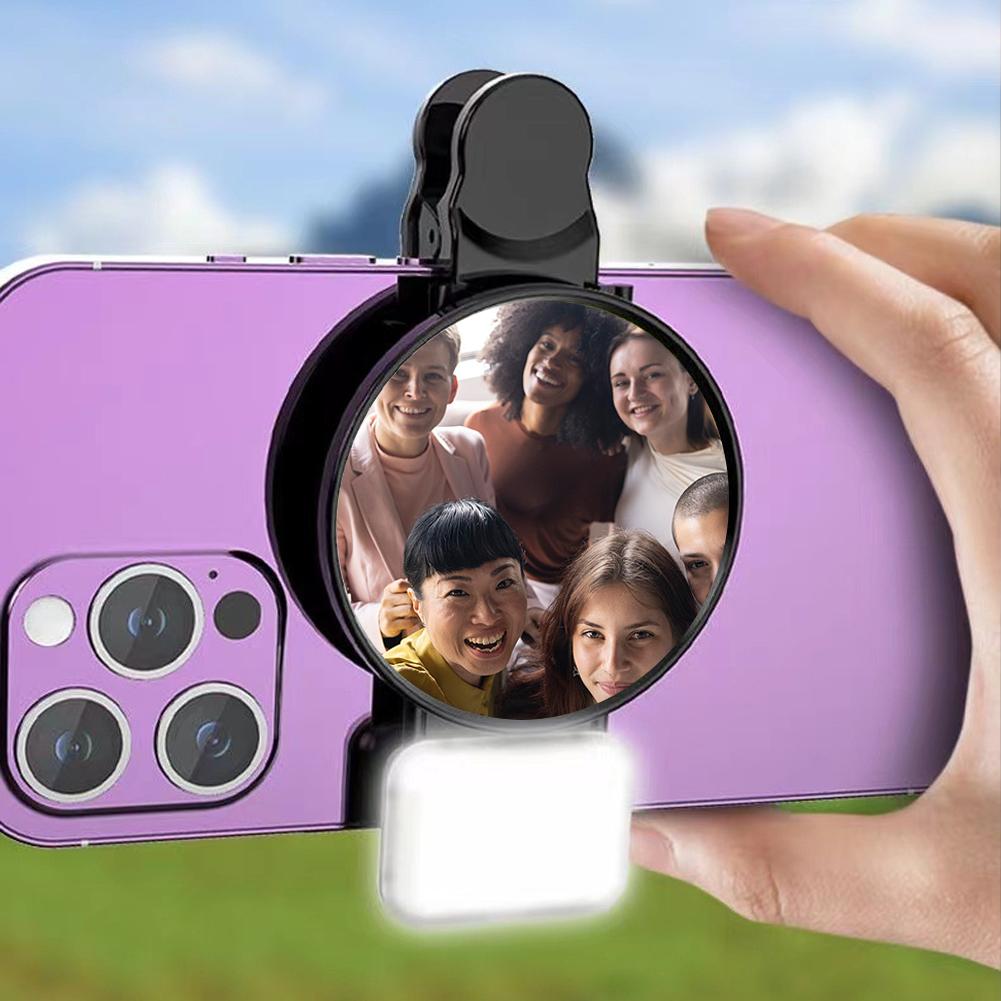 Universal Phone Camera Ring Mirror with Light Rear Camera Selfie Reflector Clip-on Makeup Light with Storage Pouch HD Reflection