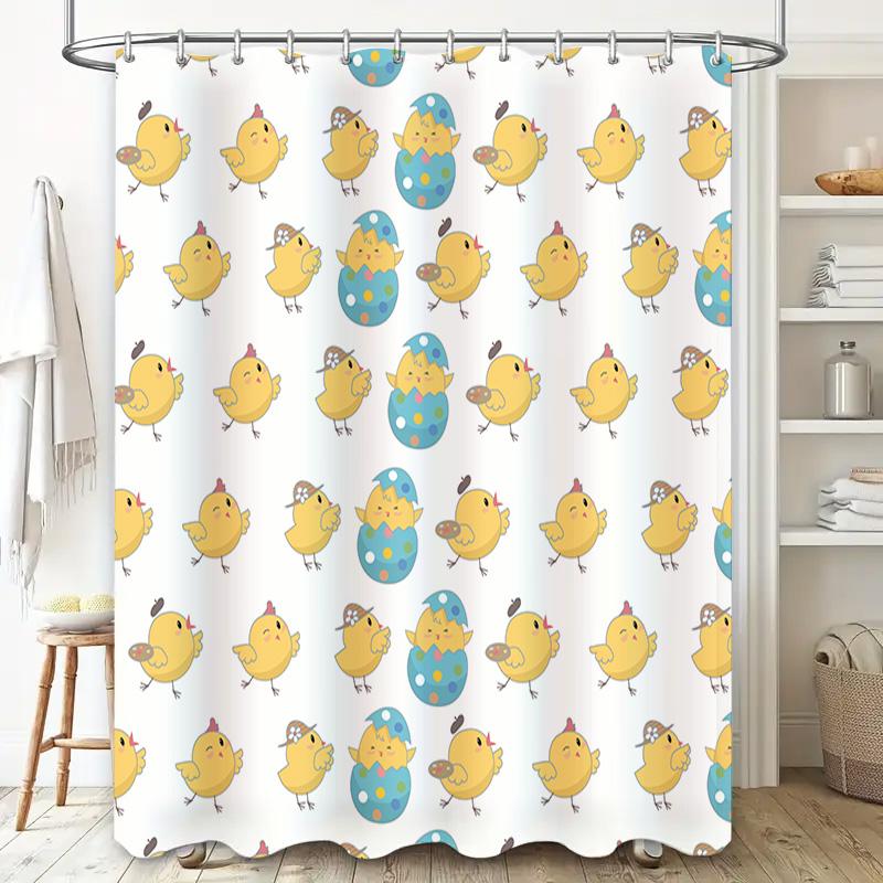 Easter-themed shower curtain with yellow chicks and blue eggs waterproof fabric for bathroom decor (Length: 180cm)