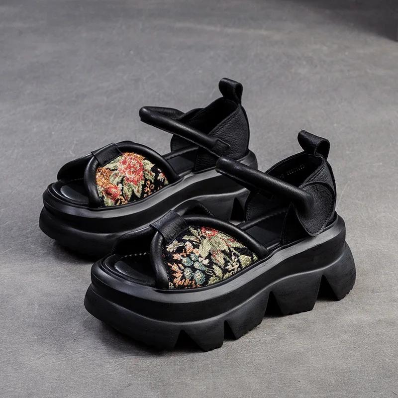 

Fashion 7CM Stretch Fabric Women Sandals Cow Genuine Leather Platform Flats Chunky Sneakers Elastic Moccasins 2025 Fashion Natural Shoes 39 чёрный