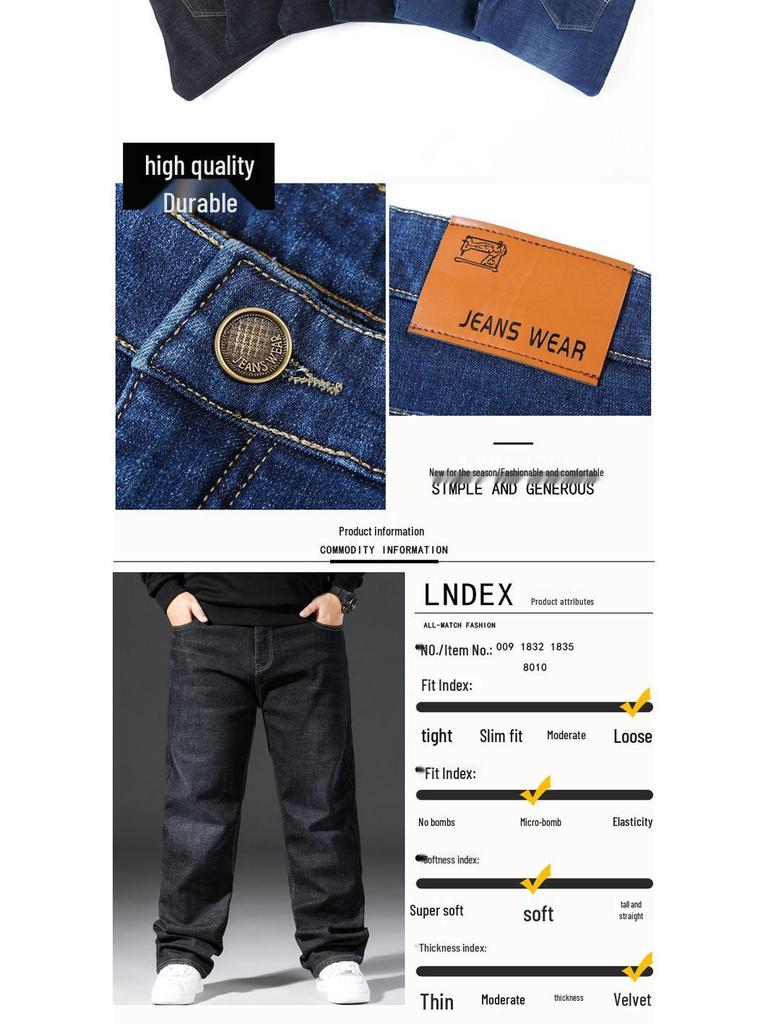 Men's Plus Size Fleece-Lined Straight Leg Jeans - Thick, Loose-Fit for Fall/Winter