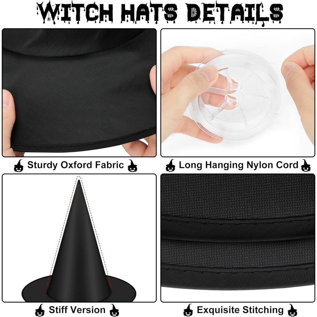 12 Pack Hanging Witch Hats Halloween Decorations Black Polyester Nylon Cord No Electricity Outdoor Home Yard Decor