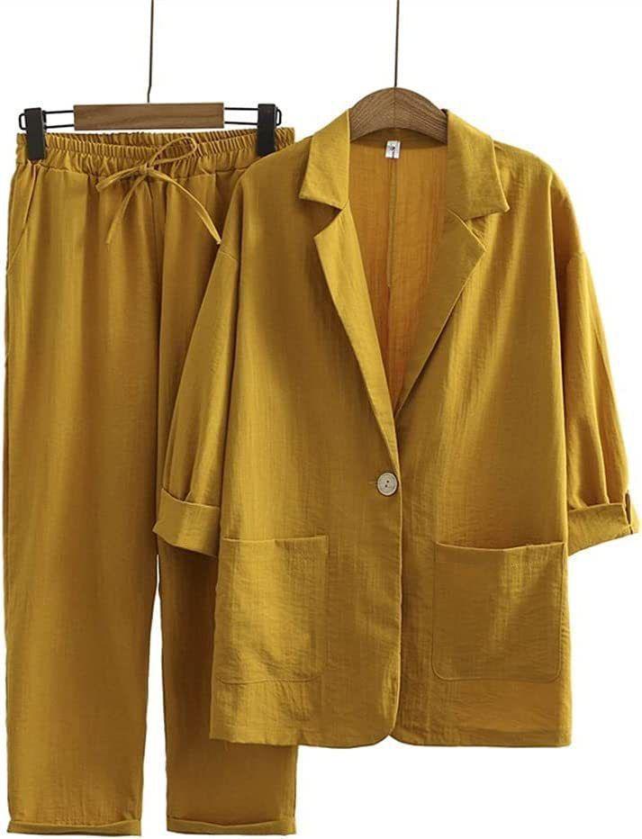 European Cotton Linen Women's Suit: Loose Blazer & High-Waisted Pants Set