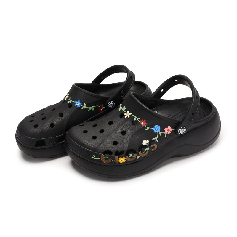 Crocs Baya Platform Clog 811 Peanuts Full Road Special Shoe Box Hand Painted Flower Hole Shoes Women's Black
